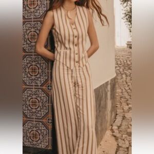 Sleeveless Wide-Leg Jumpsuit in Cream and Brown Stripe